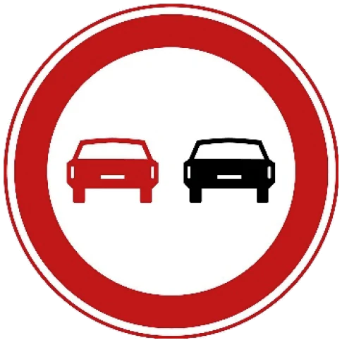 Verkeersbord F1: Verbod voor motorvoertuigen om elkaar onderling in te halen